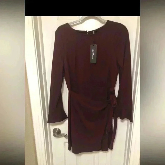 Deep Burgundy Ruffled Bell Sleeve Sheath Dress - Picture 1 of 13